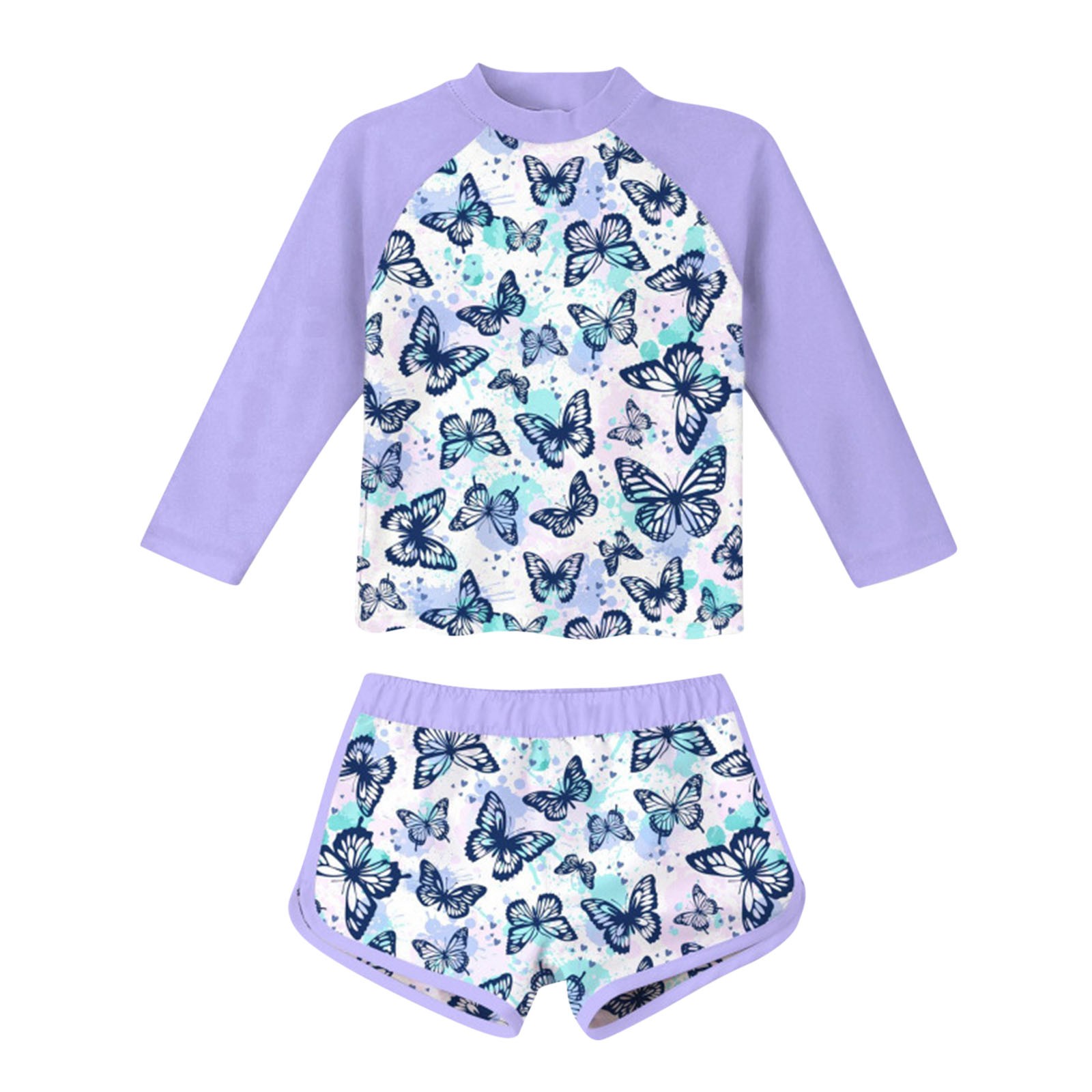 Girls Rash Guard 2 Piece Swimsuits Surfing Long Sleeve Butterfly Swimwear with Shorts Sun Protection Bathing Suit, Purple, 8 Years
